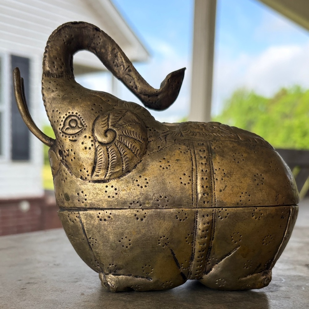 Vintage Southeast Asian brass elephant betel box with ornate detailing